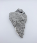 Handmade silver grey shimmer crochet conch drawstring bag with silver metal chain strap