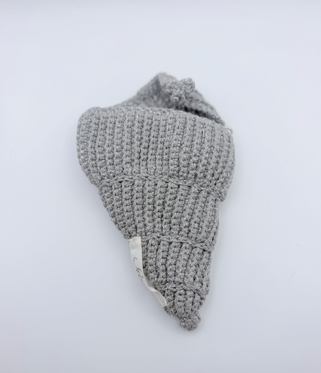 Handmade silver grey shimmer crochet conch drawstring bag with silver metal chain strap