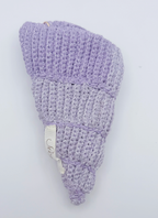 Handmade lavender shimmer crochet conch drawstring bag with gold metal chain strap