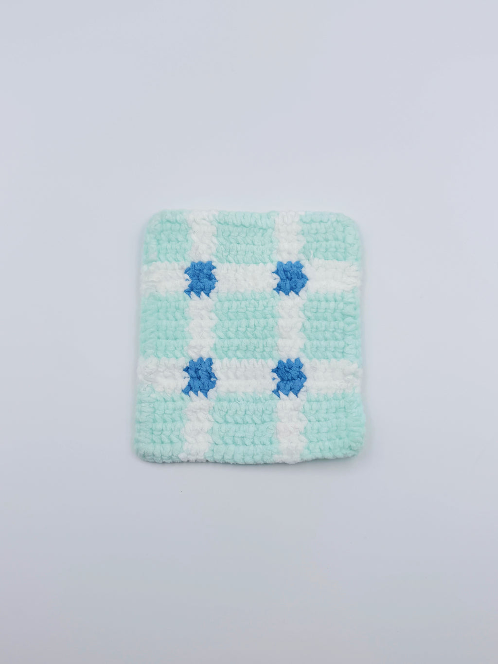 Crochet Plaid Coaster – Mint & White with Blue Floral Accents