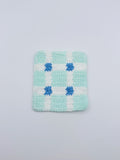 Crochet Plaid Coaster – Mint & White with Blue Floral Accents