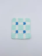 Crochet Plaid Coaster – Mint & White with Blue Floral Accents