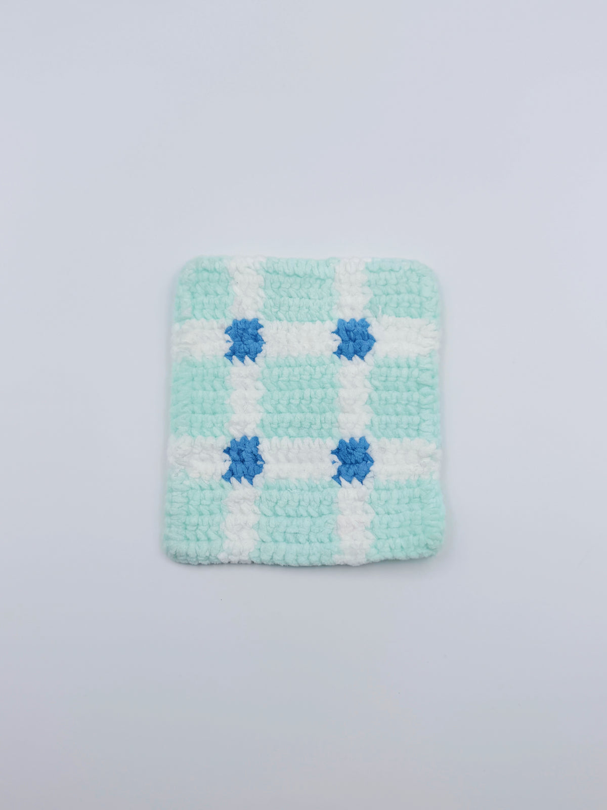 Crochet Plaid Coaster – Mint & White with Blue Floral Accents