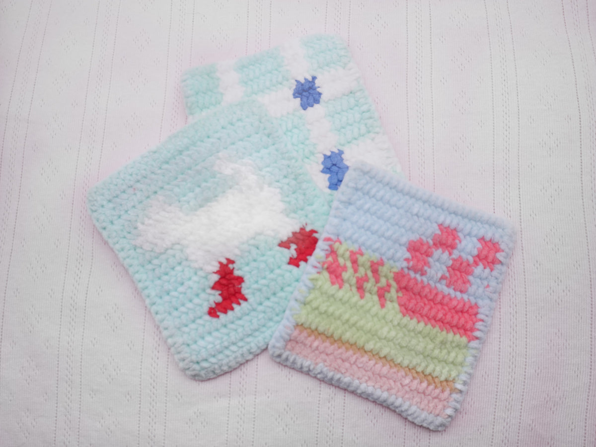 Crochet Dog in Red Rain Boots Coaster – Mint Green with White Pup