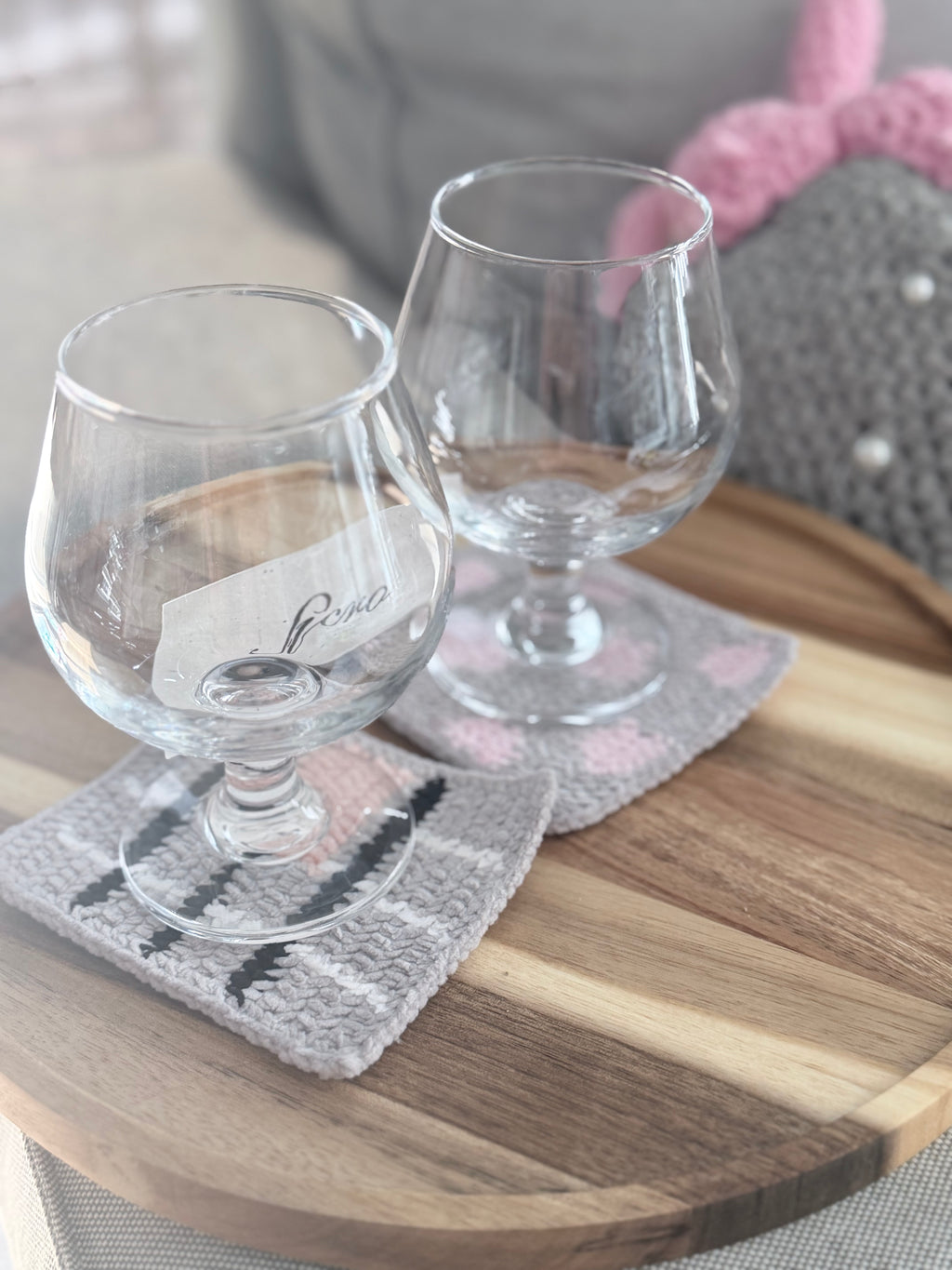 Crochet Coaster – Gray Plaid with Black Stripes & Blush Pink