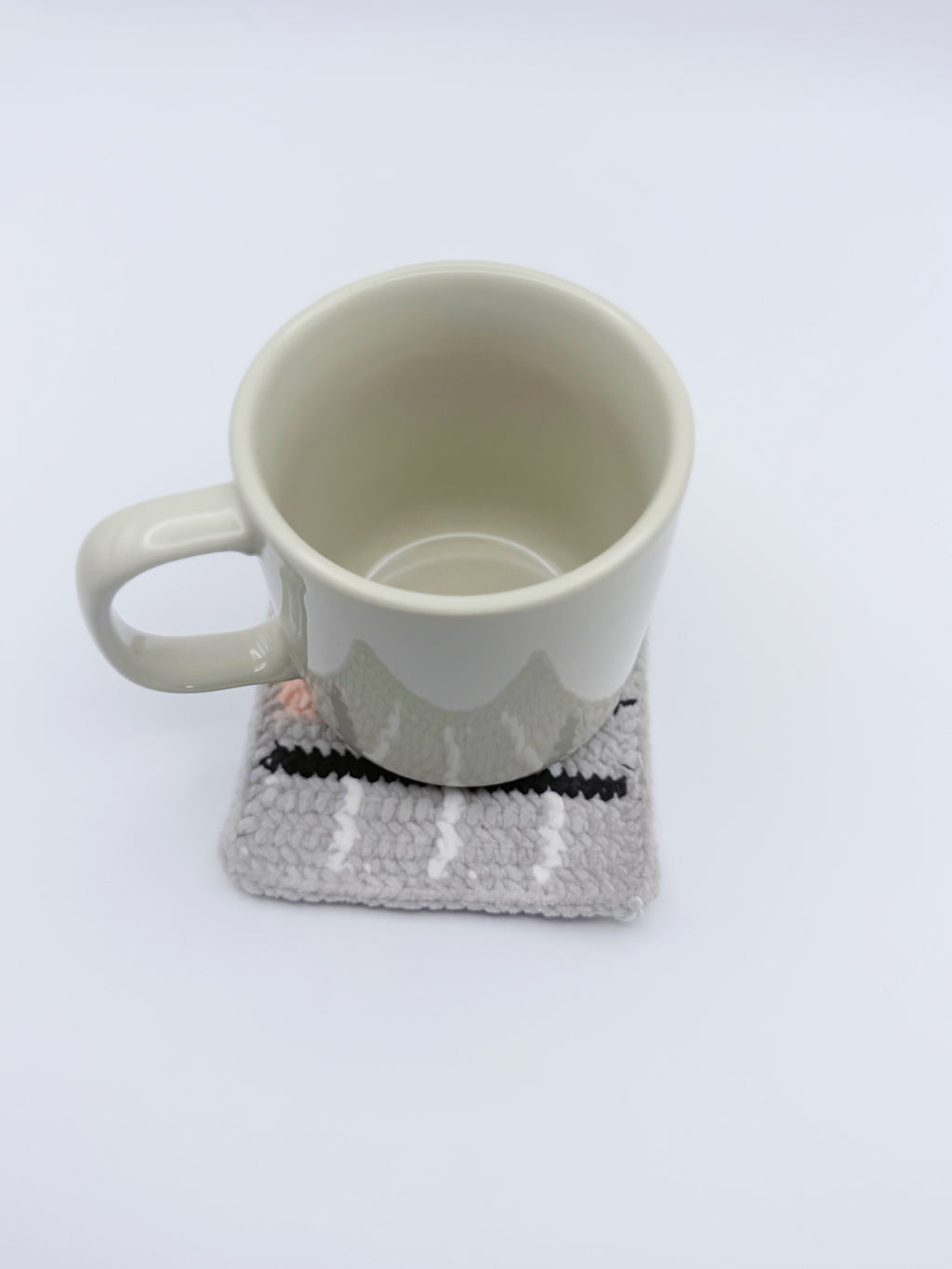 Crochet Coaster – Gray Plaid with Black Stripes & Blush Pink