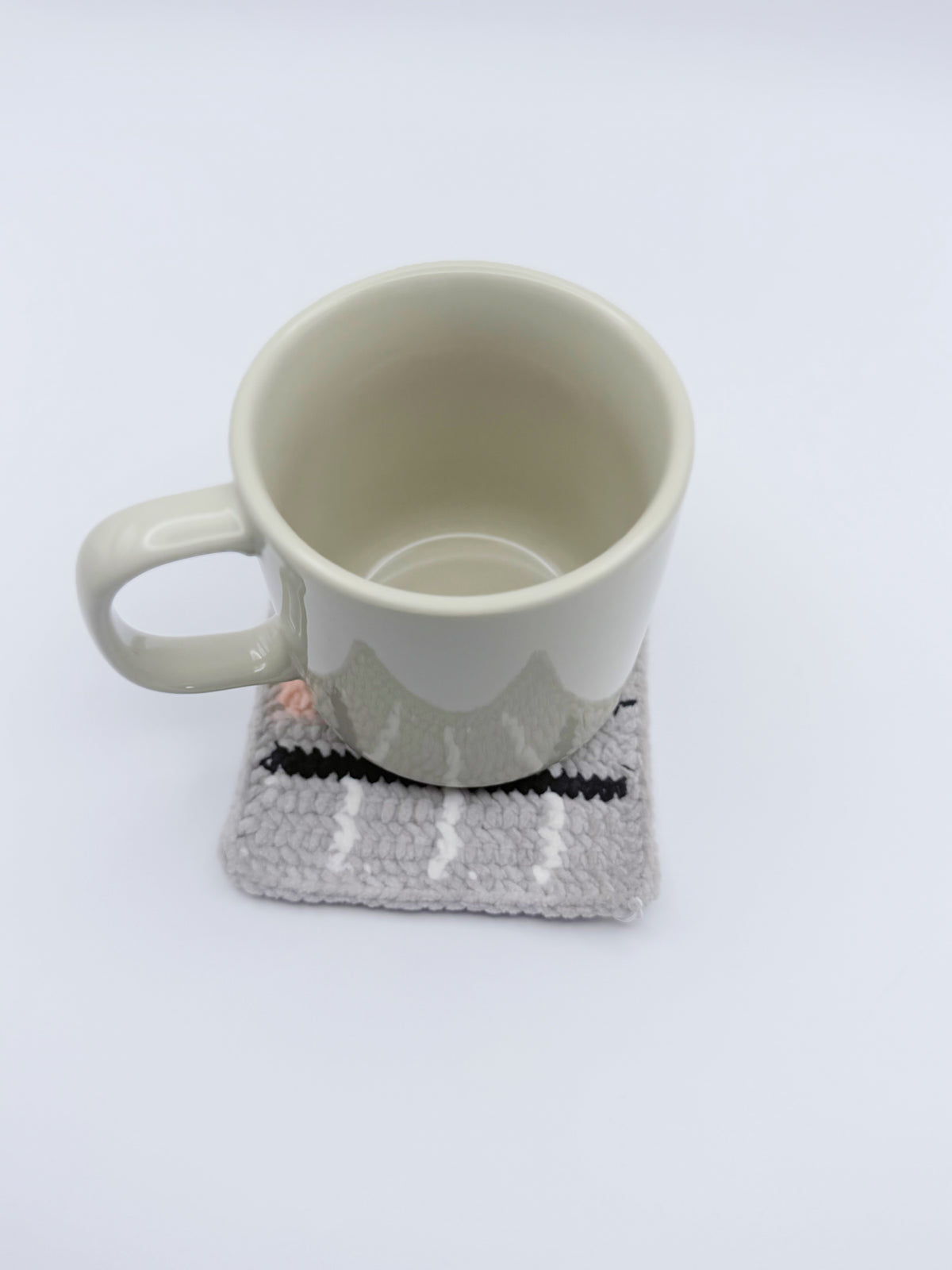 Crochet Coaster – Gray Plaid with Black Stripes & Blush Pink