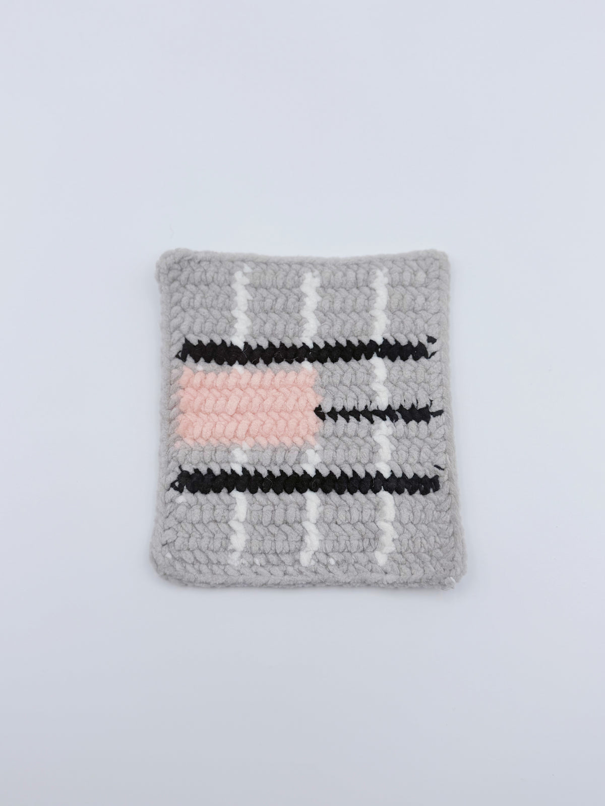 Crochet Coaster – Gray Plaid with Black Stripes & Blush Pink