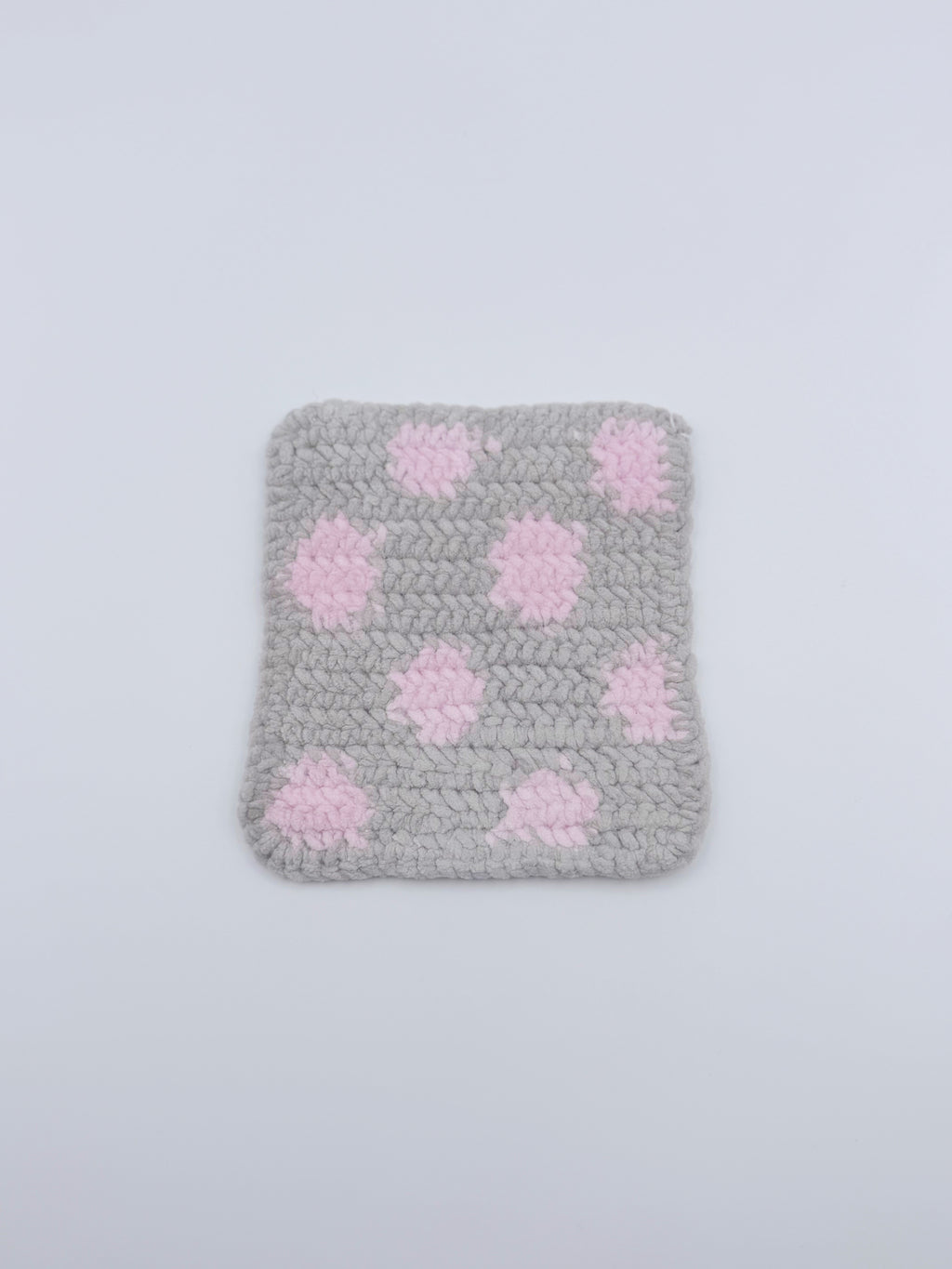 Crochet Coaster – Gray & Pink Polka Dot