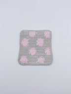 Crochet Coaster – Gray & Pink Polka Dot