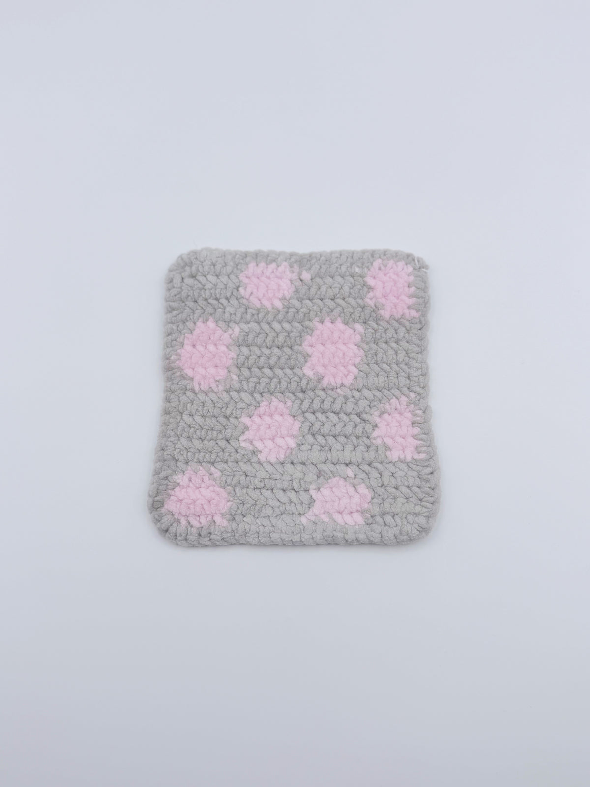 Crochet Coaster – Gray & Pink Polka Dot