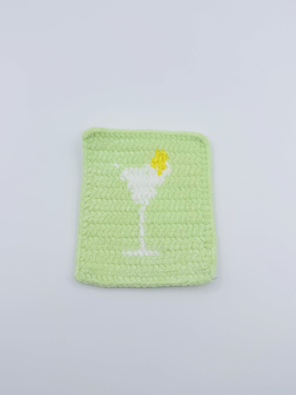 Crochet Cocktail Glass Coaster – Mint Green with White Glass & Yellow Star