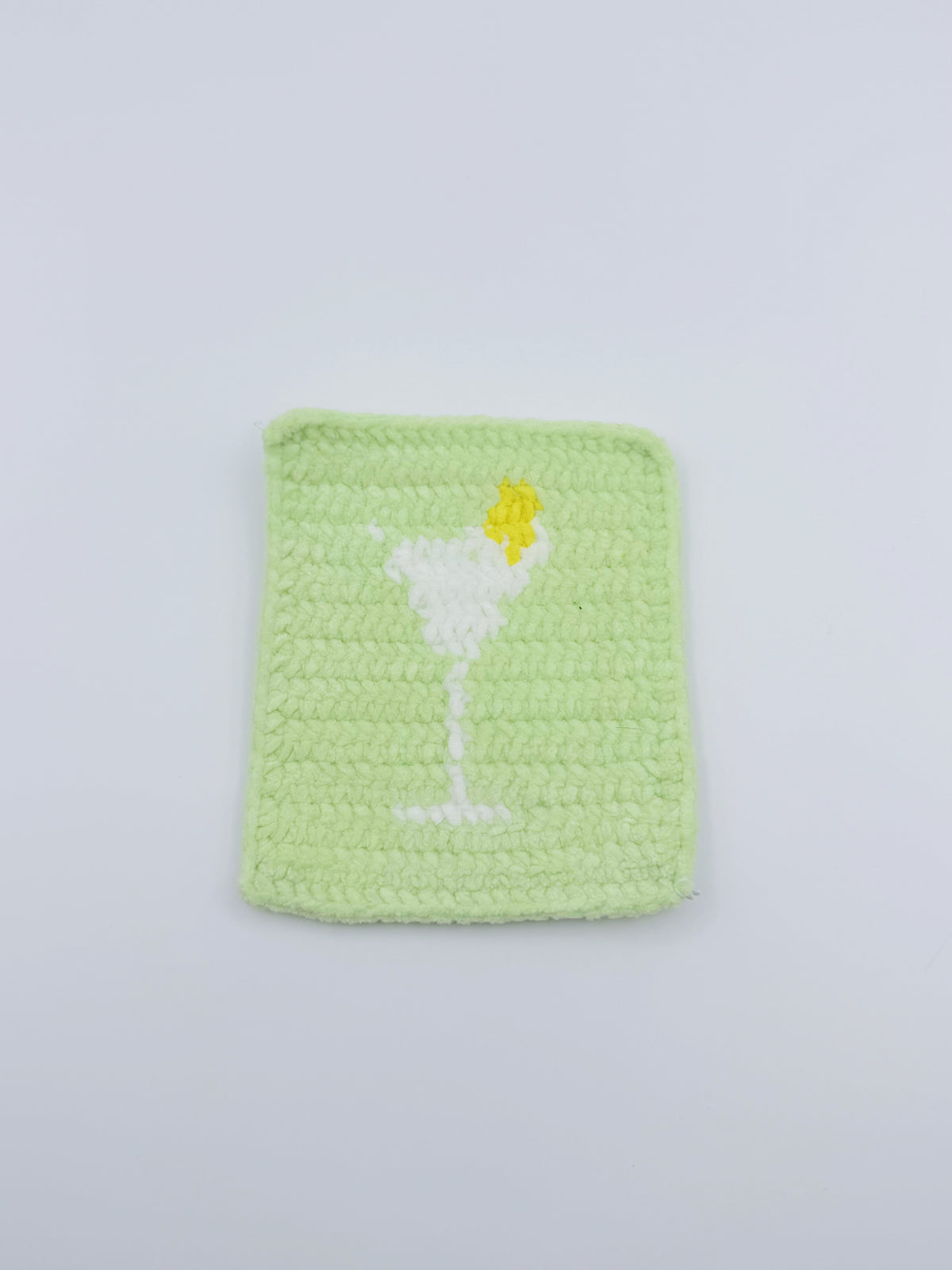 Crochet Cocktail Glass Coaster – Mint Green with White Glass & Yellow Star