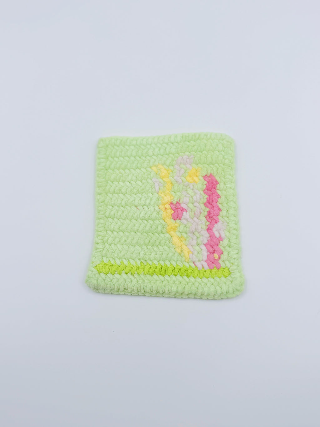 Crochet Coaster – Mint Green with Floral Plant Design