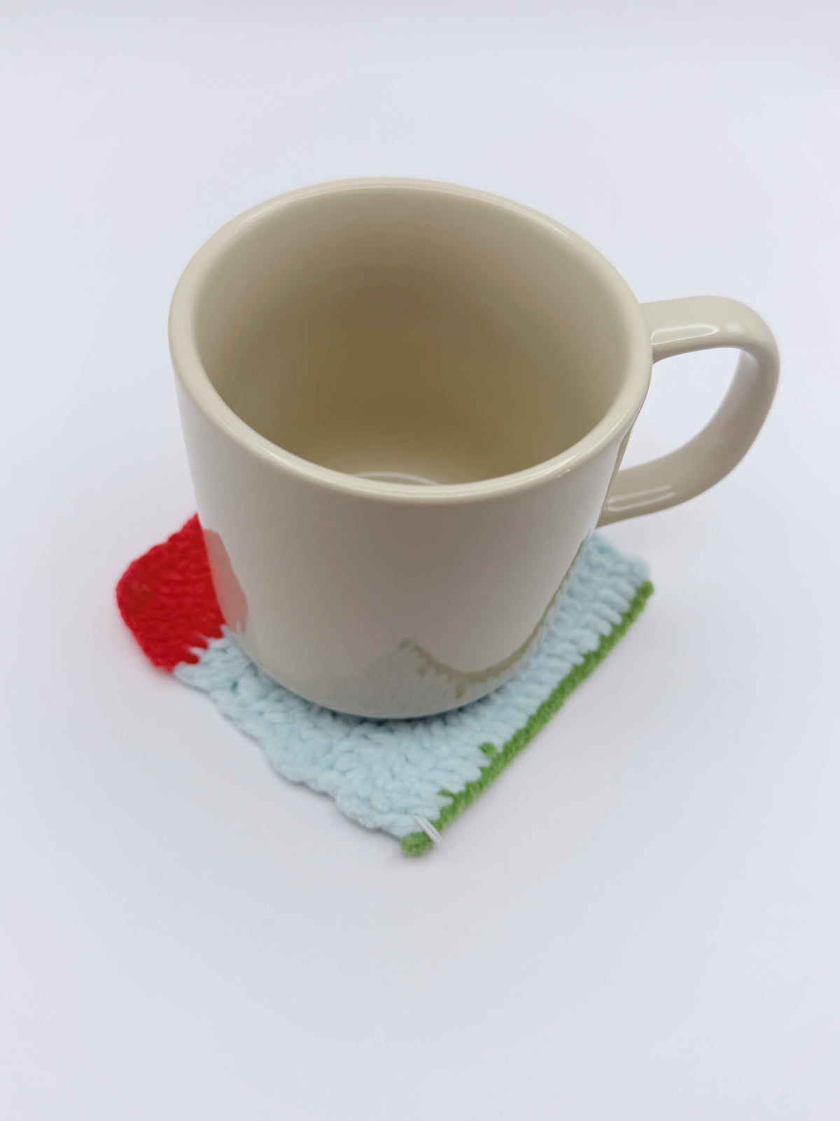 Crochet Coaster – Red & Sky Blue Color Block with Green Trim