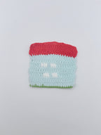 Crochet Coaster – Red & Sky Blue Color Block with Green Trim