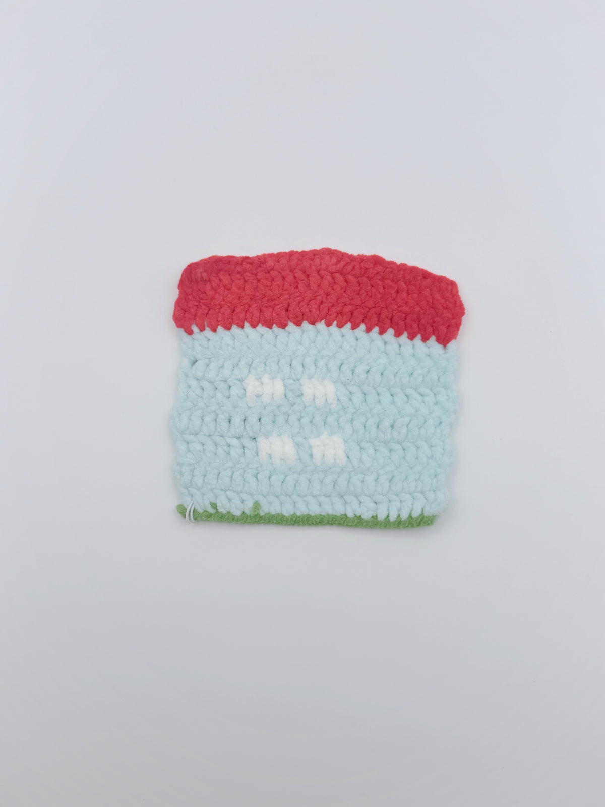 Crochet Coaster – Red & Sky Blue Color Block with Green Trim