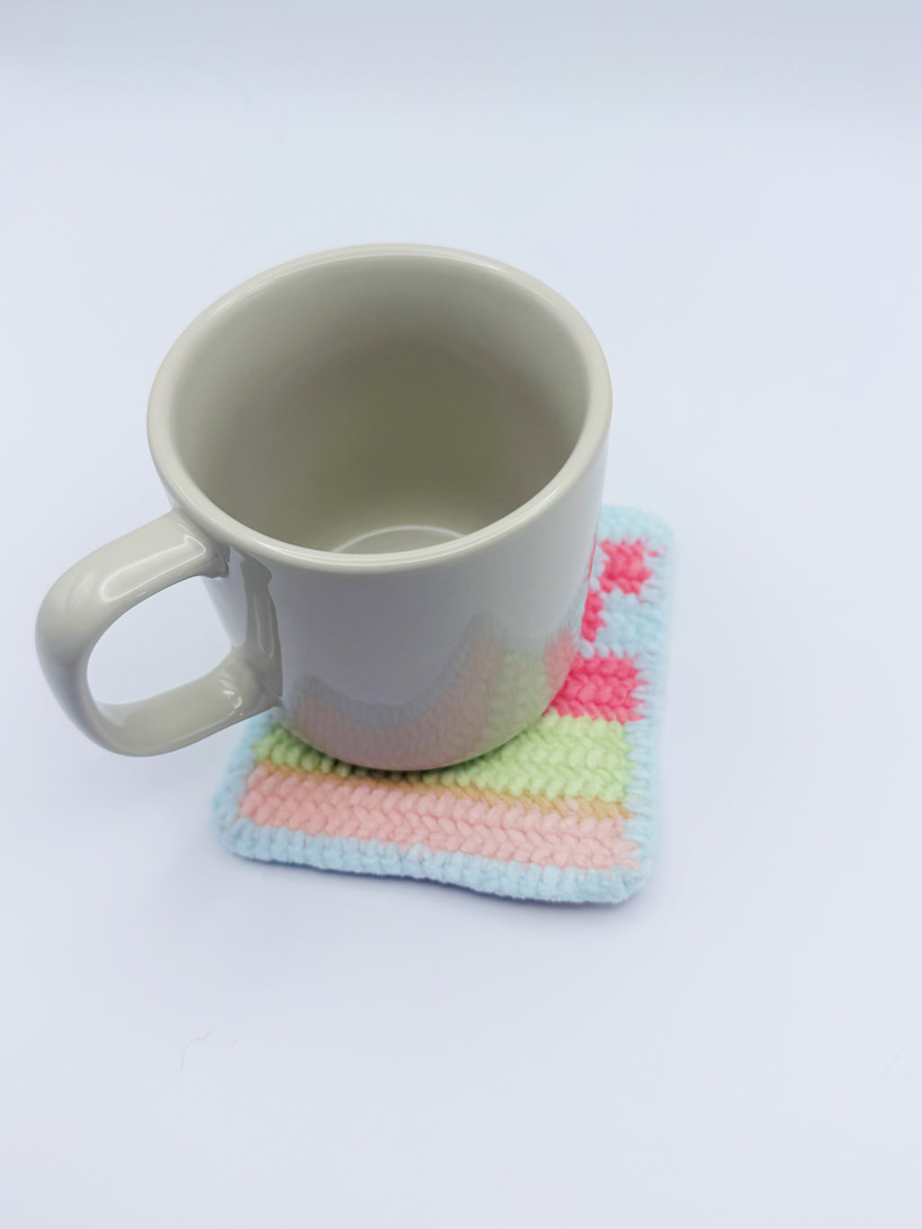 Crochet Abstract Floral Coaster – Pastel Blue, Mint & Pink