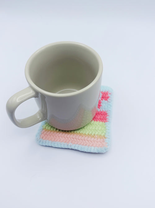 Crochet Abstract Floral Coaster – Pastel Blue, Mint & Pink