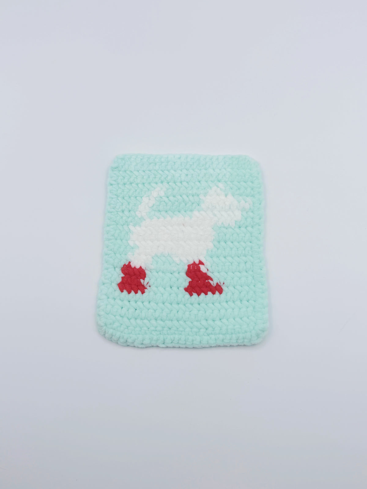Crochet Dog in Red Rain Boots Coaster – Mint Green with White Pup