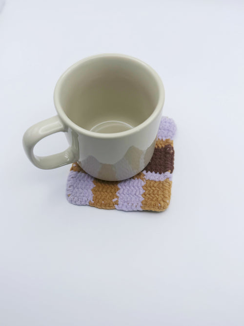 Crochet Checkerboard Coaster – Purple & Brown with Center Motif