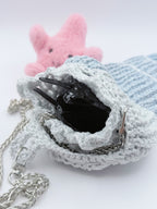 Crochet Conch Drawstring Bag – Ice Blue & White Shimmer with Silver Metal Chain