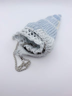 Crochet Conch Drawstring Bag – Ice Blue & White Shimmer with Silver Metal Chain