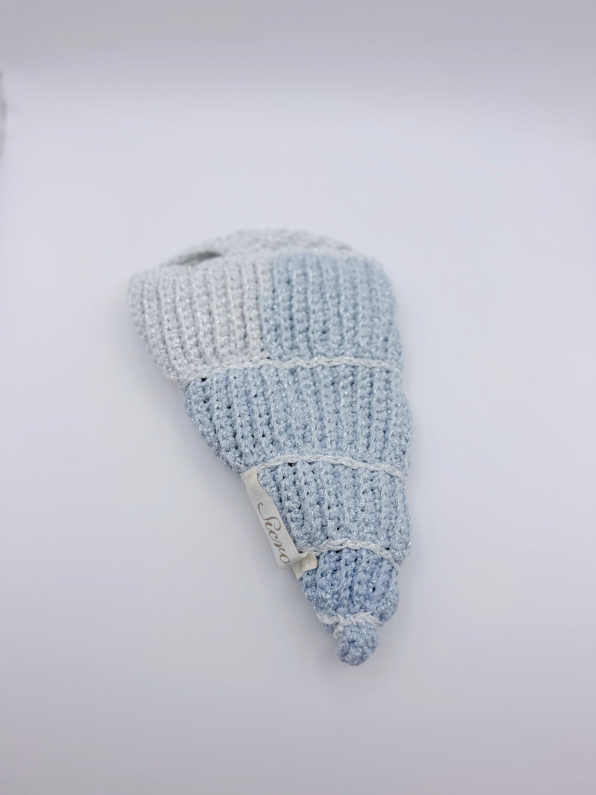 Crochet Conch Drawstring Bag – Ice Blue & White Shimmer with Silver Metal Chain