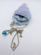 Crochet Conch Drawstring Bag – Dusty Blue Lavender Shimmer with Silver Metal Chain