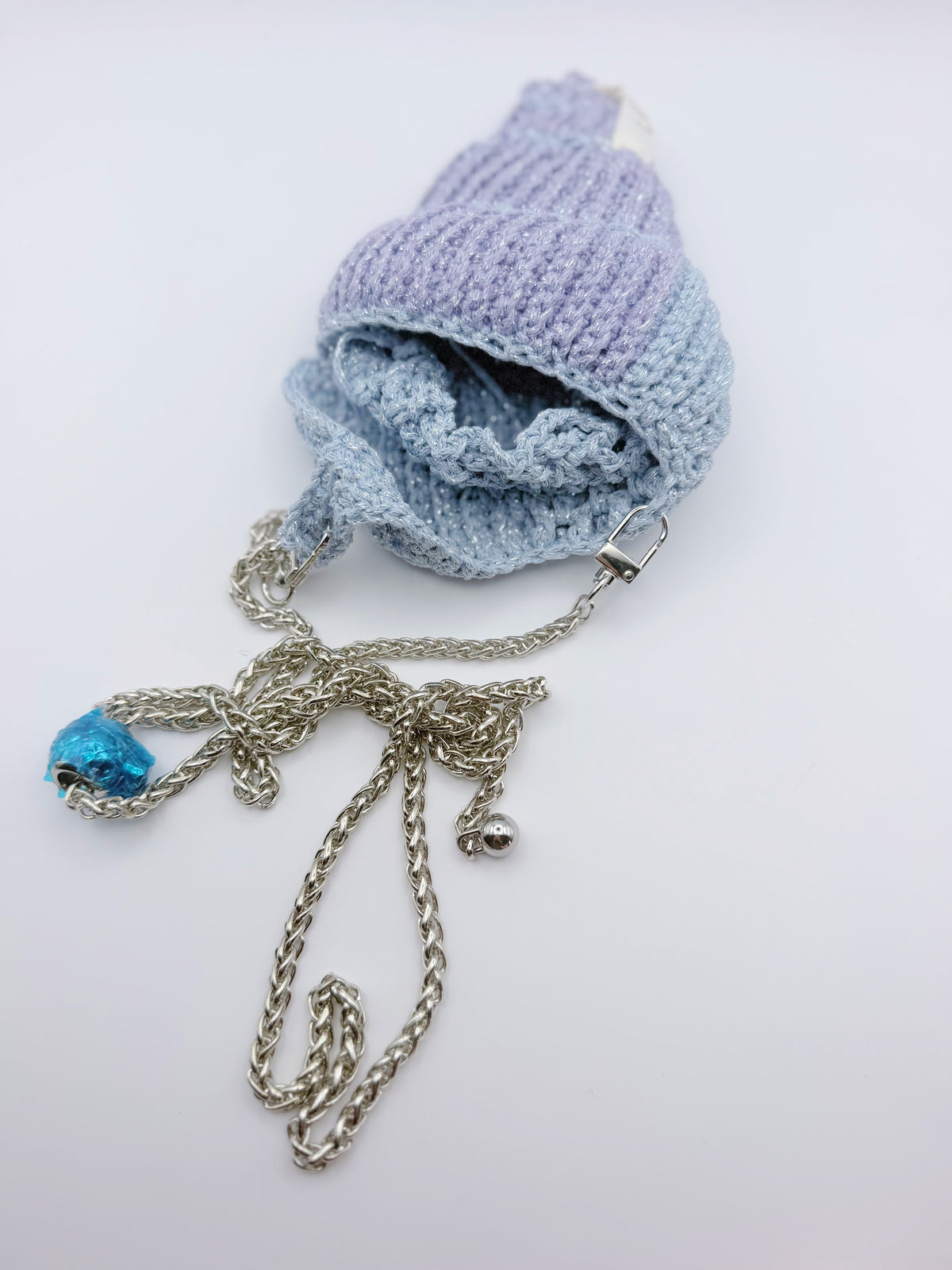 Crochet Conch Drawstring Bag – Dusty Blue Lavender Shimmer with Silver Metal Chain