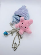 Crochet Conch Drawstring Bag – Dusty Blue Lavender Shimmer with Silver Metal Chain