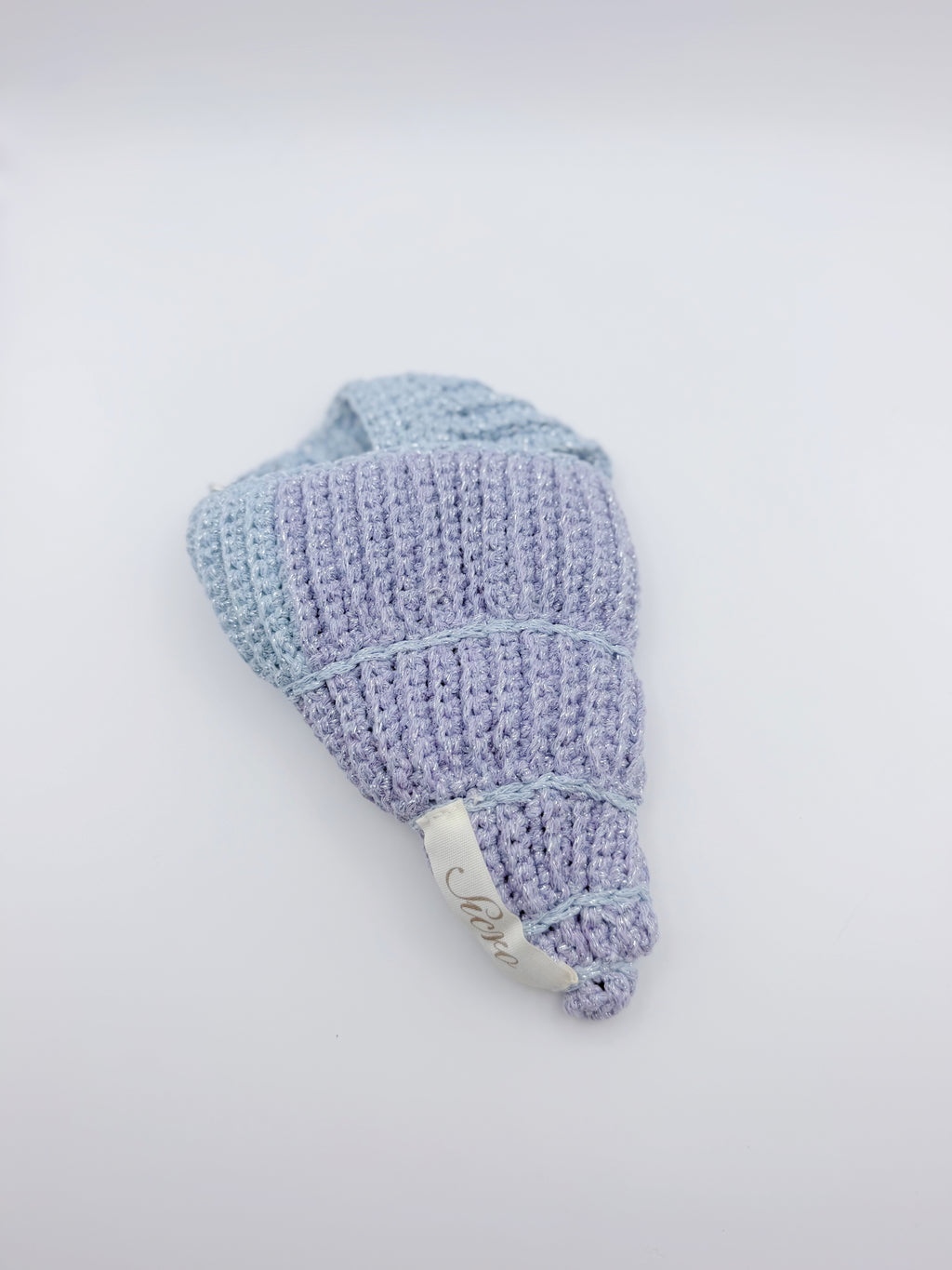 Crochet Conch Drawstring Bag – Dusty Blue Lavender Shimmer with Silver Metal Chain