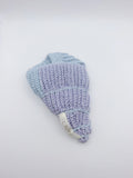 Crochet Conch Drawstring Bag – Dusty Blue Lavender Shimmer with Silver Metal Chain