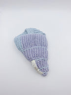 Crochet Conch Drawstring Bag – Dusty Blue Lavender Shimmer with Silver Metal Chain