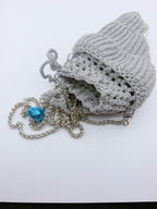 Crochet Conch Drawstring Bag – Silver Grey Shimmer with Silver Metal Chain