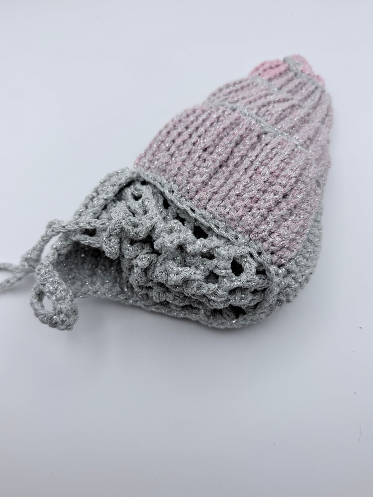 Crochet Drawstring Bag – Silver Mesh & Blush Pink Patchwork