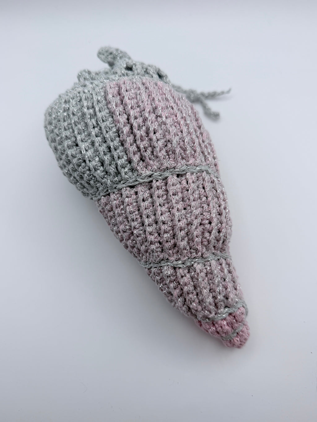 Crochet Drawstring Bag – Silver Mesh & Blush Pink Patchwork