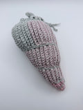 Crochet Drawstring Bag – Silver Mesh & Blush Pink Patchwork