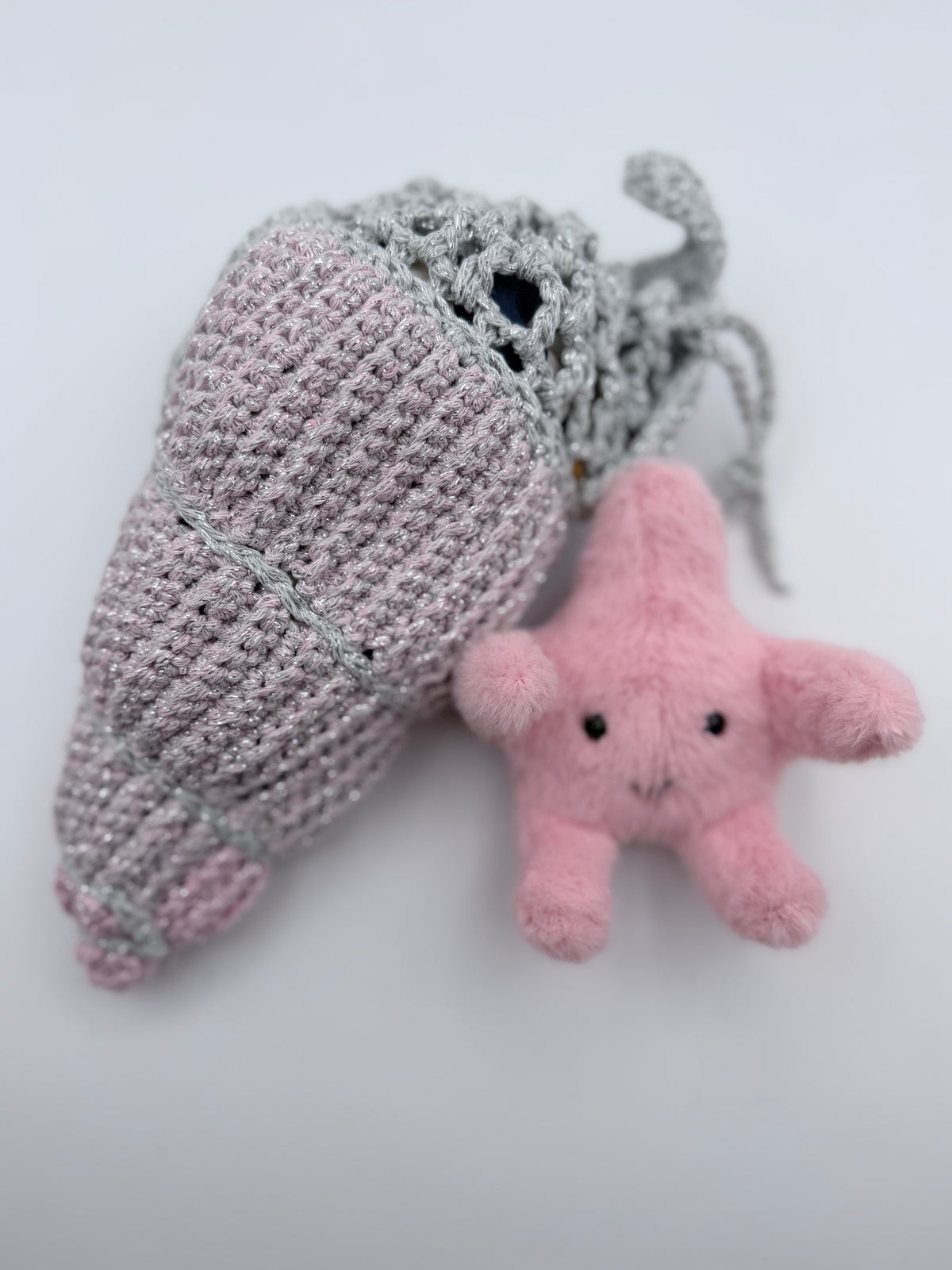 Crochet Drawstring Bag – Silver Mesh & Blush Pink Patchwork