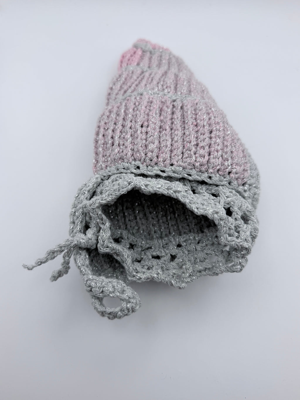 Crochet Drawstring Bag – Silver Mesh & Blush Pink Patchwork