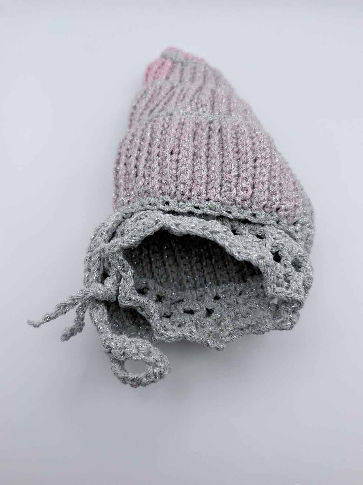 Crochet Drawstring Bag – Silver Mesh & Blush Pink Patchwork
