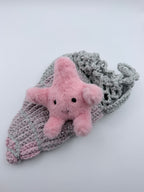 Crochet Drawstring Bag – Silver Mesh & Blush Pink Patchwork