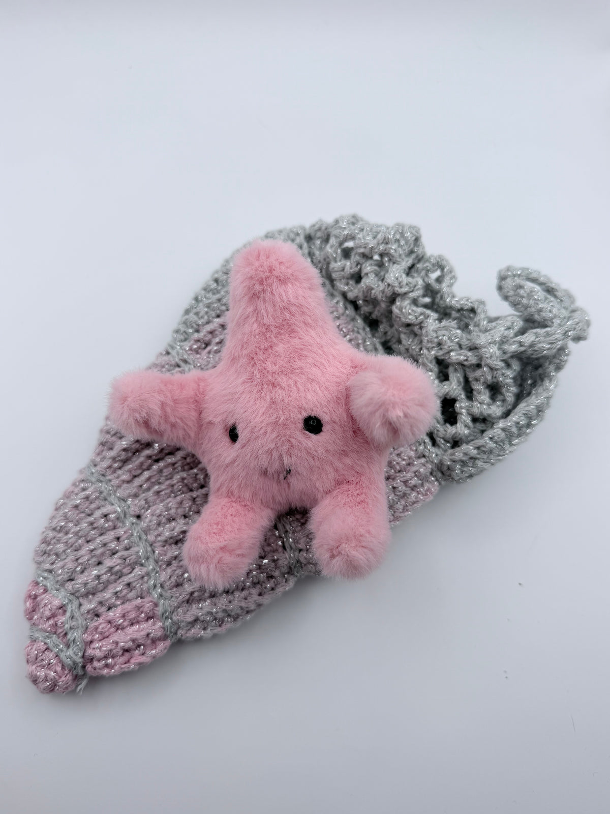 Crochet Drawstring Bag – Silver Mesh & Blush Pink Patchwork