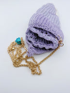 Crochet Conch Drawstring Bag – Lavender Shimmer with Gold Metal Chain