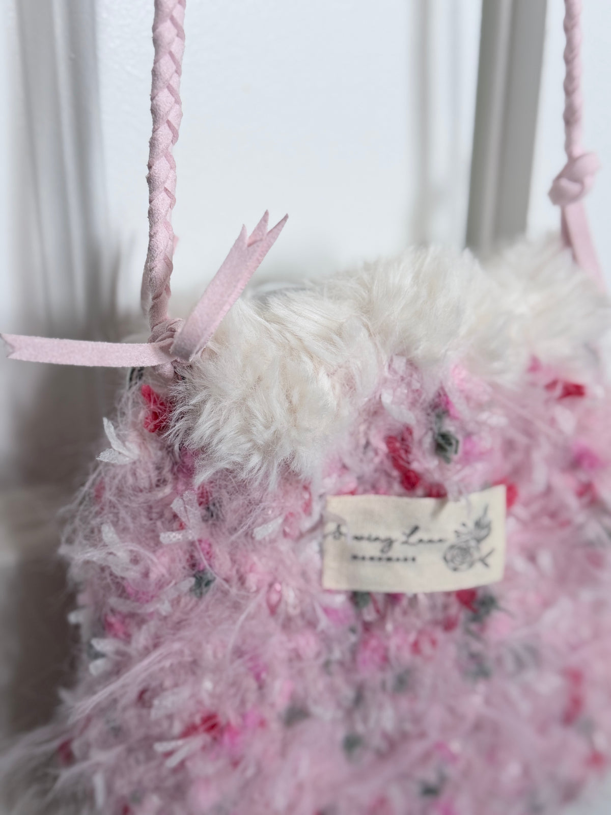 Fuzzy Crossbody Bag – Pink Blossom with Flower Bud Detail