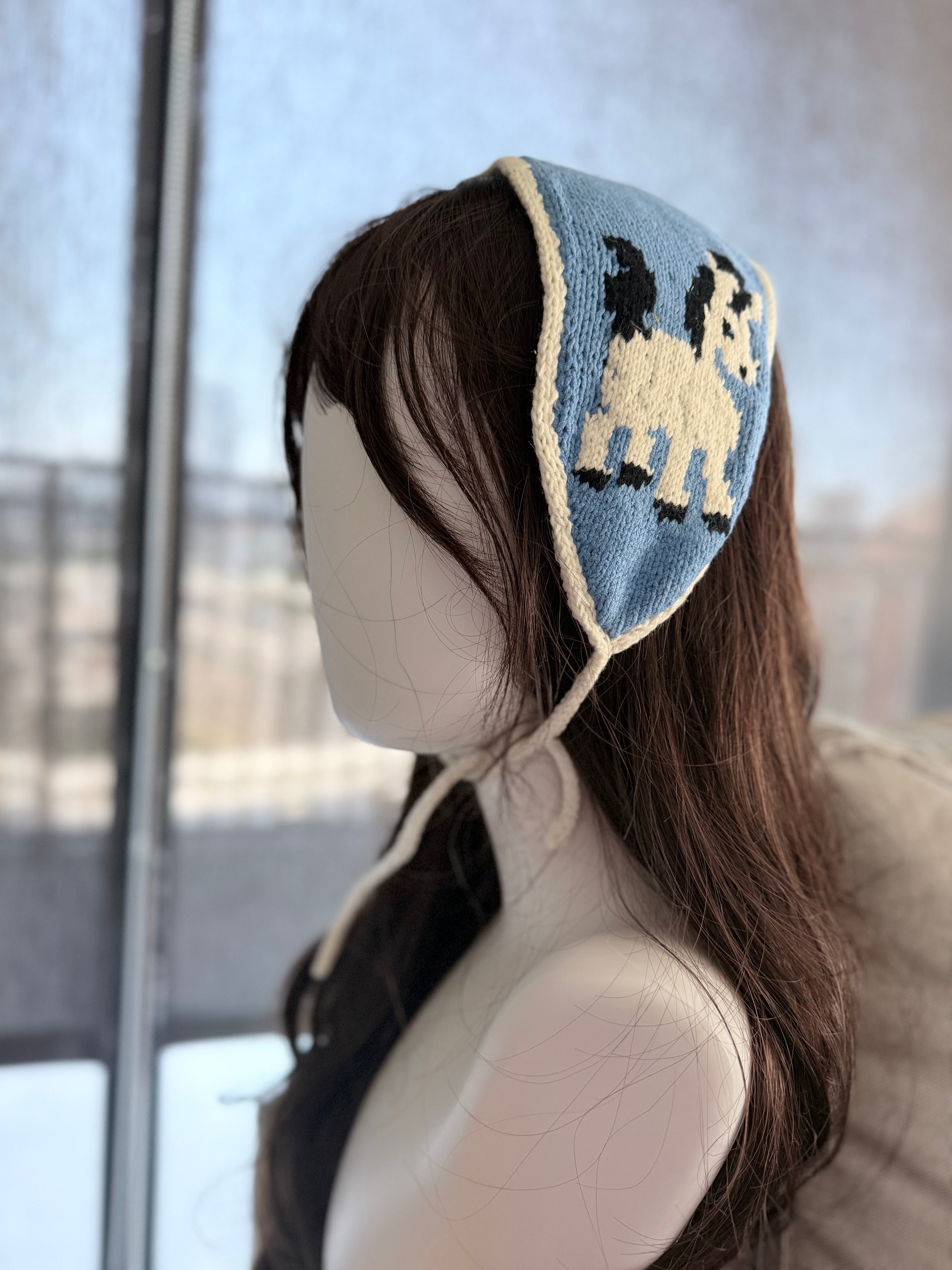 Knitted Headband – Cornflower Blue with Horse Intarsia Pattern
