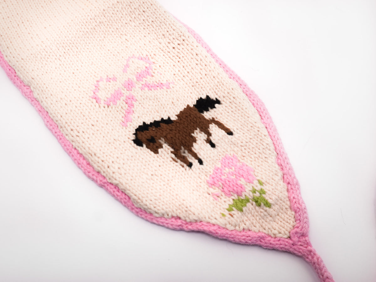 Knitted Headband – Cream with Brown Horse & Floral Intarsia Pattern