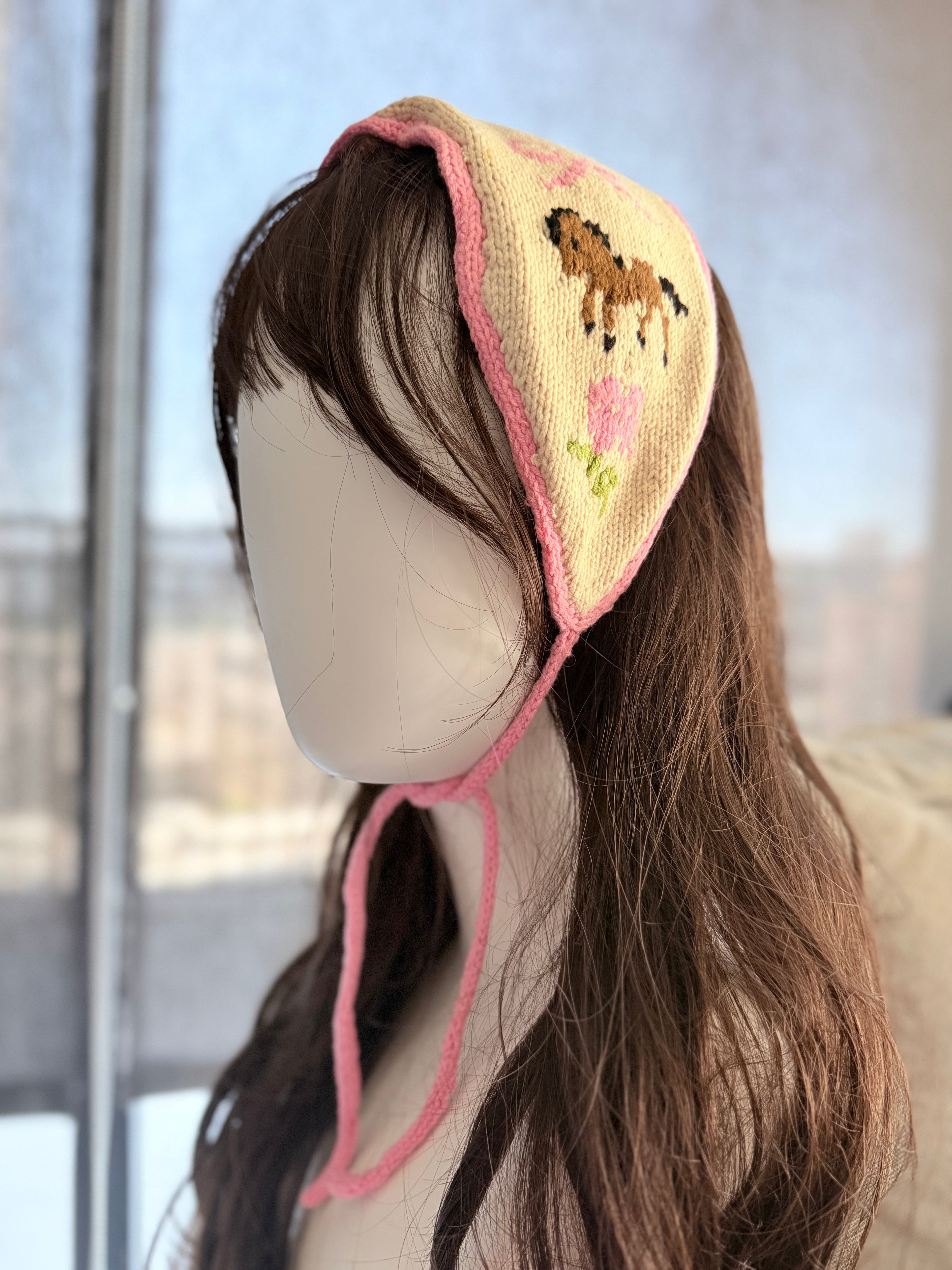 Knitted Headband – Cream with Brown Horse & Floral Intarsia Pattern
