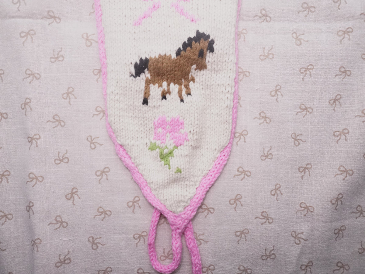 Knitted Headband – Cream with Brown Horse & Floral Intarsia Pattern