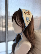 Knitted Headband – Cream with Brown Horse & Blue Floral Intarsia Pattern